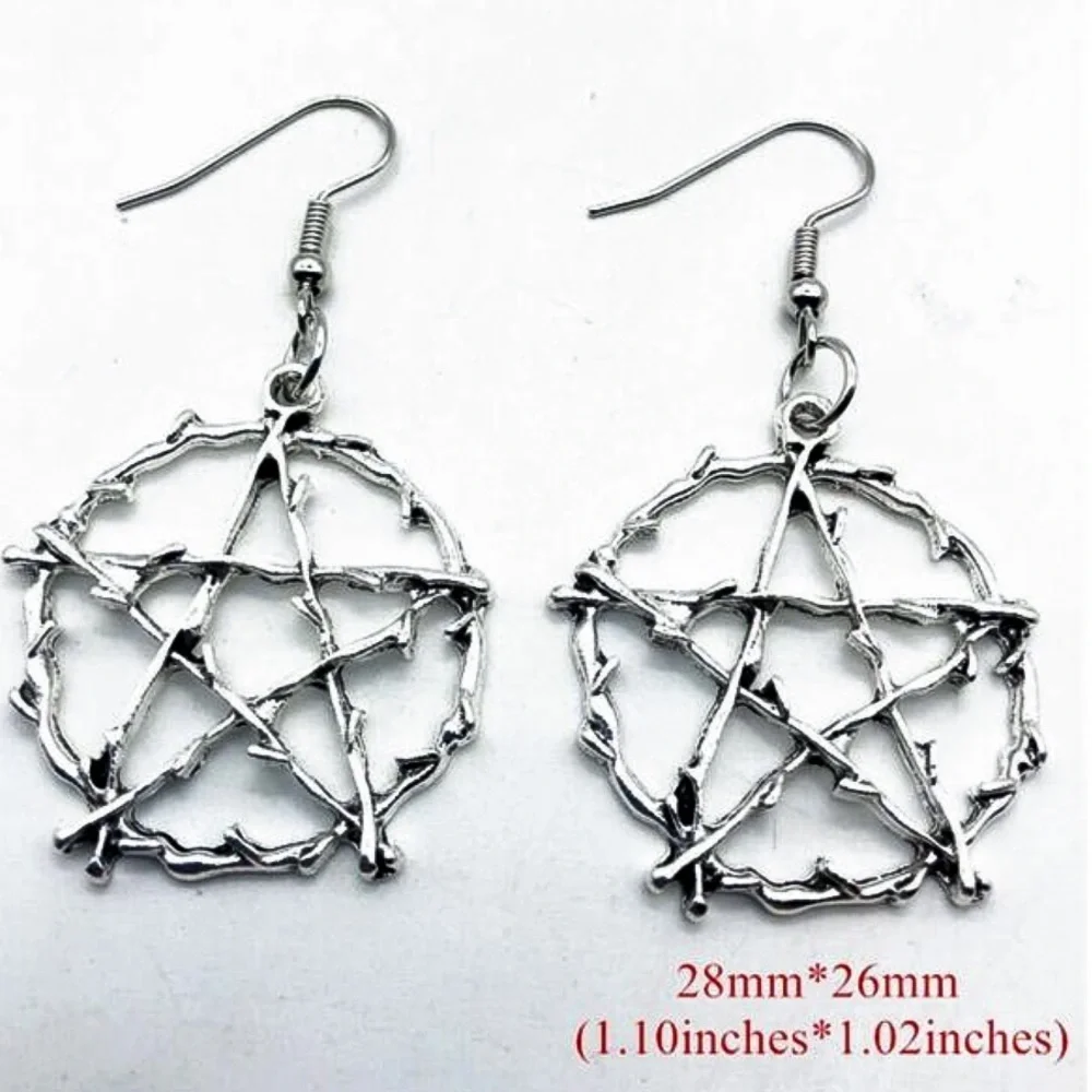 Silver Barbed Wire Pentagram Drop Earrings